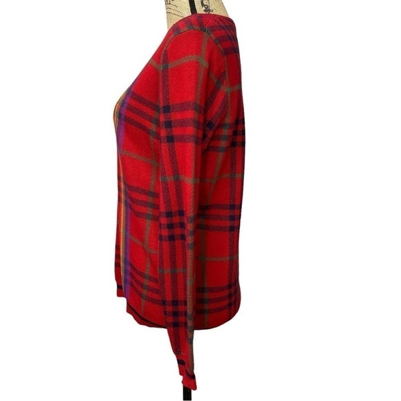 VINTAGE Scottish Plaid Wool Blend Red Sweater with Rainbow Stripe Size Small - Picture 4 of 7